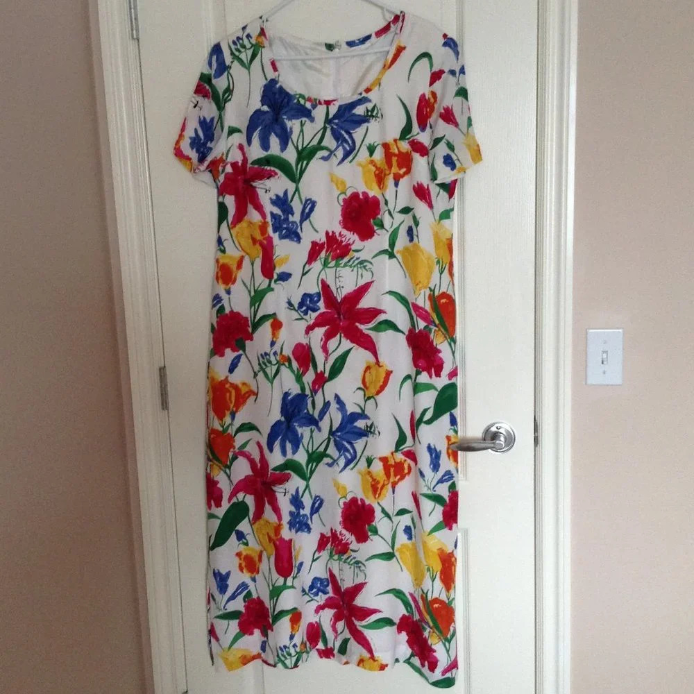 Handmade Summer White Floral Dress Fully Lined Colorful Summery Short Sleeves